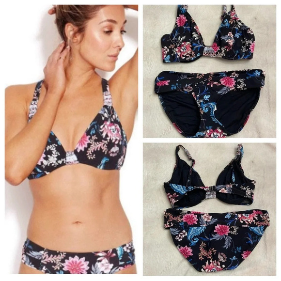 New! SET Seafolly Water Garden Bikini Top Bottoms Floral Black NWOT 28556